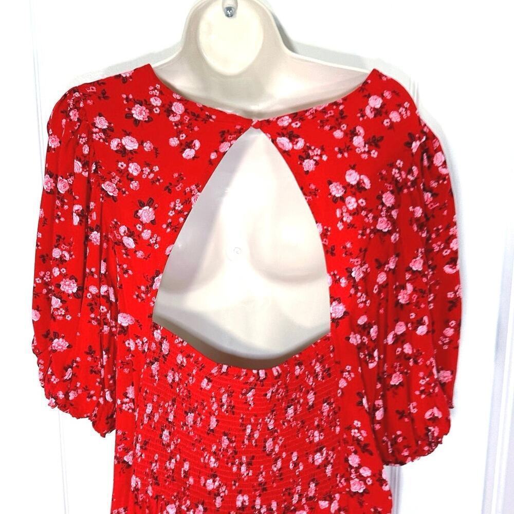 Old Navy Womans Sz XXL Midi Dress Puff Sleeve Floral Red Back Cut Out Smocked - Picture 8 of 9